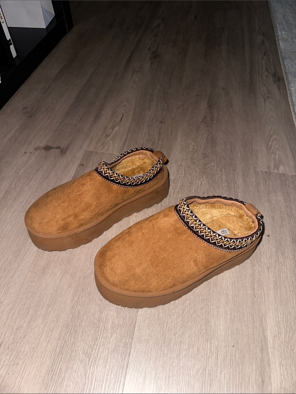 Mudd Women's Tan Suede Slip-On Clog with Patterned Trim
